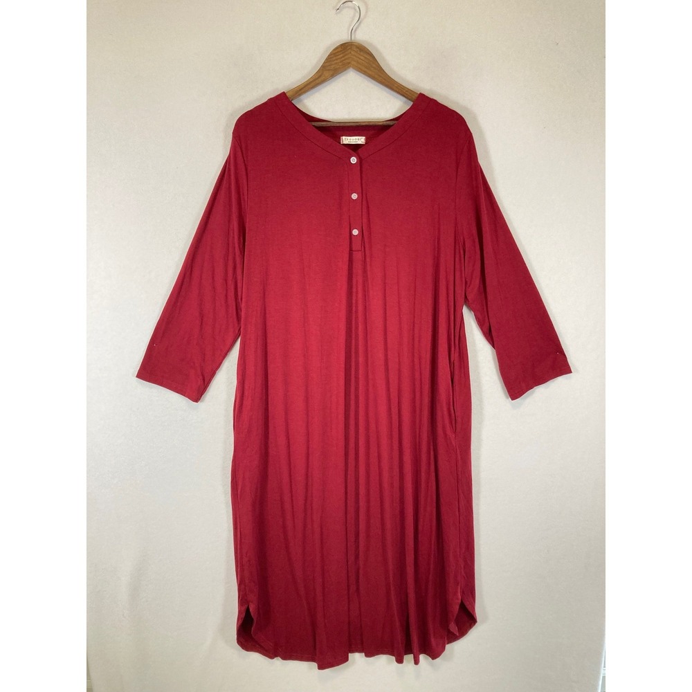 Cozy Loungewear Ekouaer Women XL Red Henley 3/4 Slv Pocket Nightgown Sleepwear